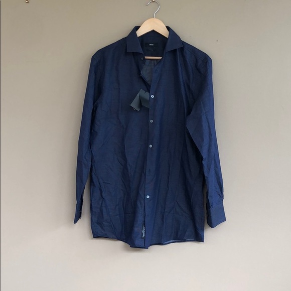 NEW • Boss • Button Down Dress Shirt Navy Dots 16 - Picture 2 of 5